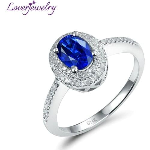LOVERJEWELRY Flash Sale!Vintage Solid 14Kt White Gold Natural Diamond Sapphire Ring 585 White Gold For Wedding Oval 5x7mm R0014