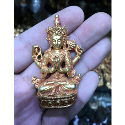 Nepal tibet bronze gold carved small buddhism four arm Guanyin statue