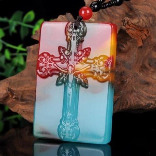 Natural Colored Jade Hand Carved Cross Pendant Fashion Boutique Jewelry Mens and Womens Colorful Chicken Blood Necklace
