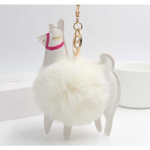 Fluffy Fur Ball Cute Alpaca Keychain Leather Animal Keyring Charm Chaveiros Artificial Rabbit Fur Pompom Key Chain Women Jewelry