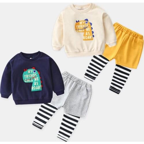 2020 Autumn Spring 2 3 4 6 8 Years Cotton Handsome Cartoon Sweatshirt+ Striped Pants 2 Pieces Sports Set For Kids Baby Boys