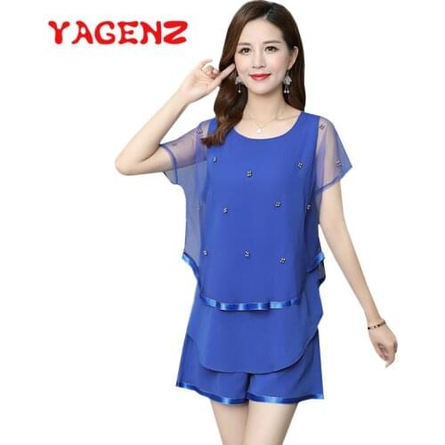 YAGENZ Plus Size Suit Chiffon Two Piece Set Women Chiffon Irregular Tops And Wide leg shorts Casual Summer 2 Piece Set Women 813