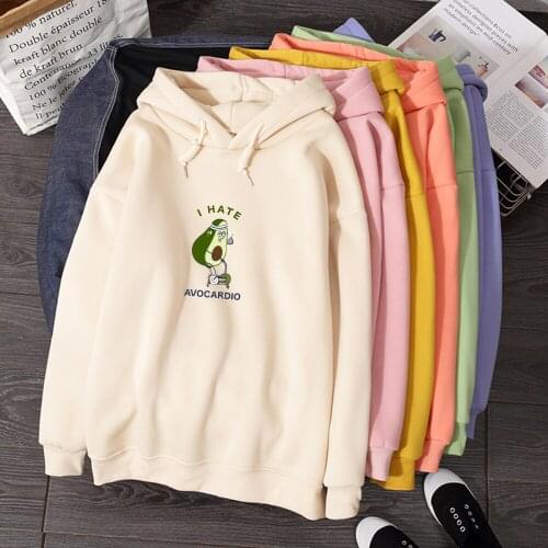 Japanese Casual Clothing Spring Autumn Harajuku Hoodies for Women Pretty Avocado Printed Plus Velvet Sweatshirts Long Coat
