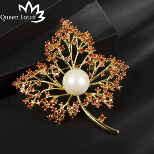 Queen Lotus New Luxury High Quality Leaf Pearl Brooches for Women AAA Zircon Jewelry Crystal Brooch and Pins For Gift