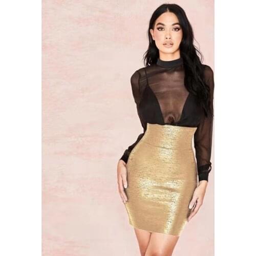 Womens Hot Short Elastic Rayon Bandage Mini Skirt Sexy Gold Black High Waist Bronze Bodycon Nightclub Party Pencil Skirt