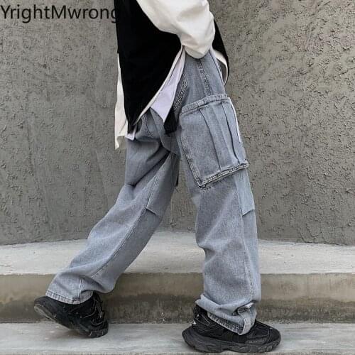 Loose Plus Size Baggy Cargo Side Pocket Jeans Streetwear Ribbon Denim Pant Hip Hop Korean Harajuku Harem Women Man Punk Jogger