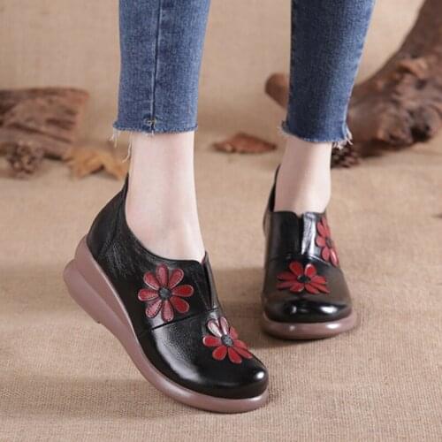 Women Flat Shoes Soft Genuine Leather Casual 5 cm platform Autumn Slip-on Womens Flats For Mon Shoes For Gifts New