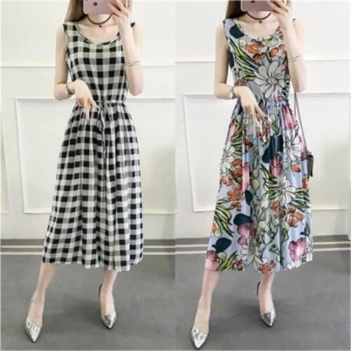 2019 New Summer Dress Slim Floral Sleeveless Vest Dress Long Section Large Size Waist Round Neck Print Female Dress 573