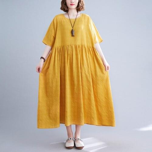 Thin Soft Cotton Linen Fashion Plaid Dress 2021 New Arrival Loose Summer Dress Holiday Travel Casual Women Beach Style Dress