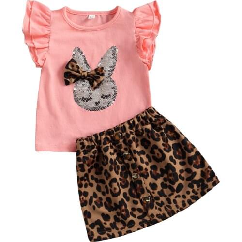 2 Pcs Newborn Easter Outfits, Baby Cartoon Sequin Rabbit Pattern Fly Sleeve Round Neck Tops + Leopard Print Skirt 6M-5T