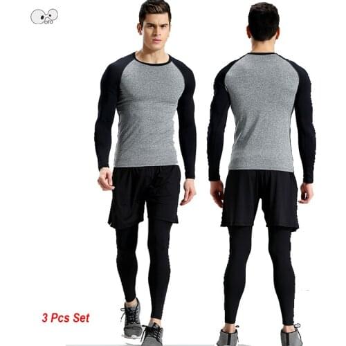 2019 Shirt+Shorts+Leggings Mens 3 Pieces Running Set Fitness Sportswear Clothing Patchwork Dry Fit Elastic Gym Sport Suit M-4XL