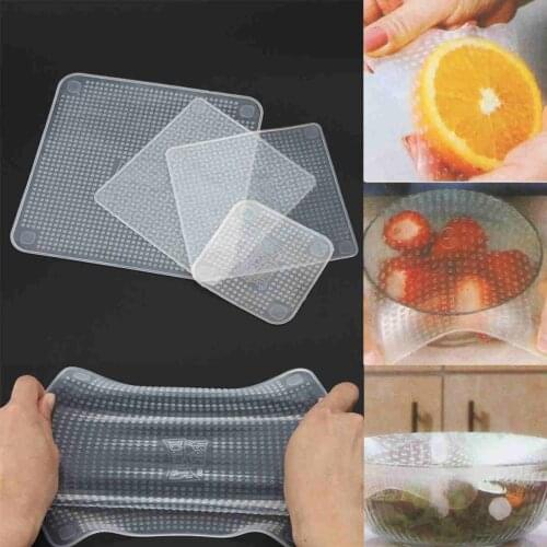 4pcs/set Reusable Clear Stretch Fresh Food Wraps Seal Cover Kitchen Accessories Tool