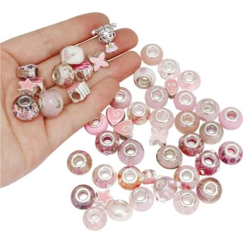 Julie Wang 40PCS Pink European Beads Round Resin Glass Enamel Big Hole Spacer Beads Bracelet Jewelry Making Accessory