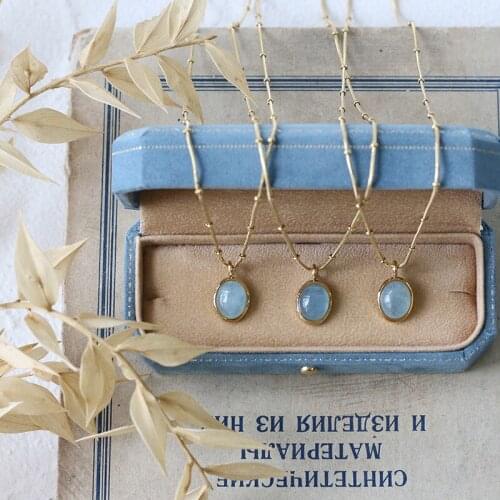 Blue Oval Aquamarine Necklace Clavicle Chain Titanium Steel Plated 18K Gold Preservation