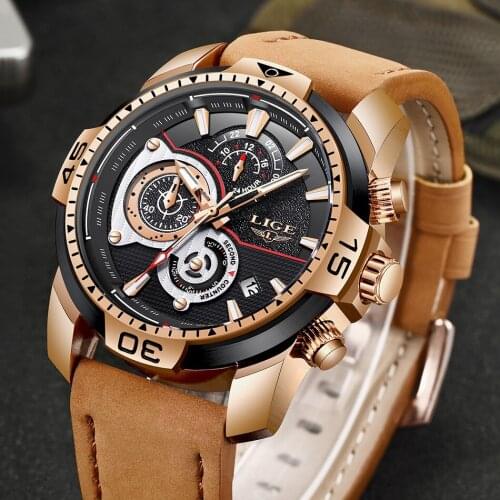2019 LIGE Mens Watches Top Brand Luxury Casual Leather Quartz Clock Male Sport Waterproof Watch Gold Watch Men Relogio Masculino