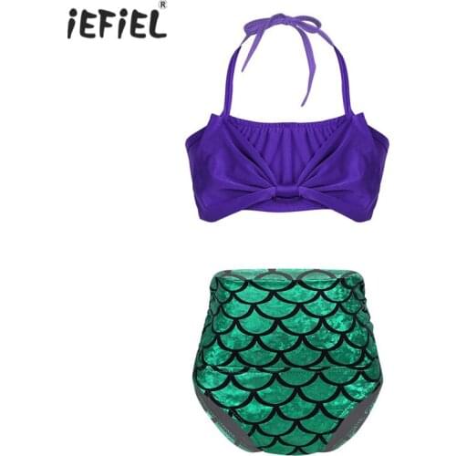 2PCS Kids Girls Tankini Mermaid Swimsuit Stylish Swimwear Bathing Suit Set Halter Swim Tops with High-waisted Bottoms SZ 2-10