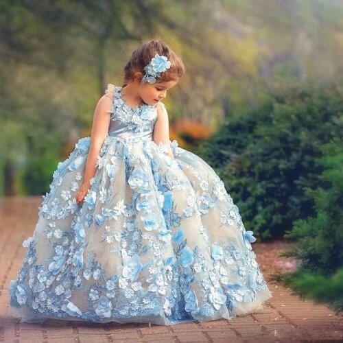 Pretty Ball Gown Princess Flower Girl Dresses For Wedding 3D Floral Appliqued Toddler Pageant Gowns Floor Length Plffy Tulle