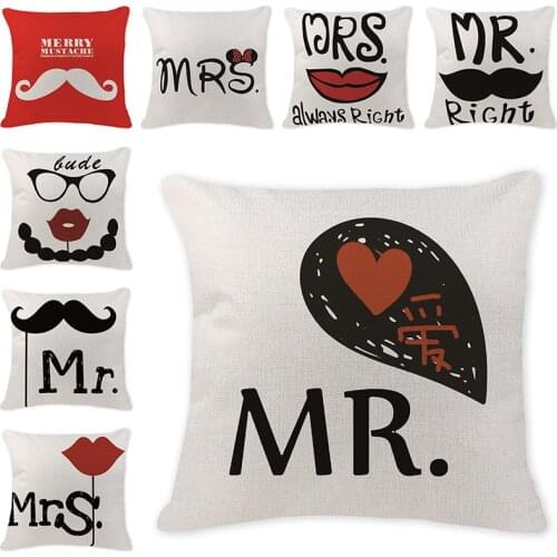 Mr and Mrs Printed Linen Cushion Covers For Home Sofa Wedding Decorative Pillowcase Couples Cushions Home Decor for Lovers Gift