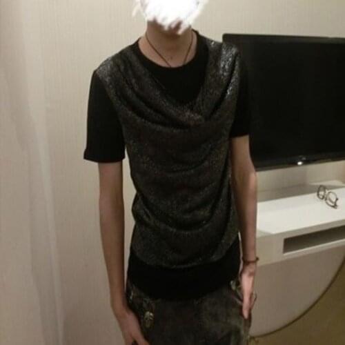 Tide Mens Japanese Korean Slim Short Sleeve Round Neck T-Shirt Fake Two Drop Neck Tee Shirt Night Ds Large