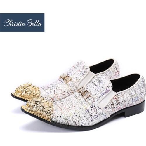 Mens Sequin Leather Dress Shoes Italian Style Hadnmade Metal Pointed Toe Formal Business Wedding Party Shoes for Men