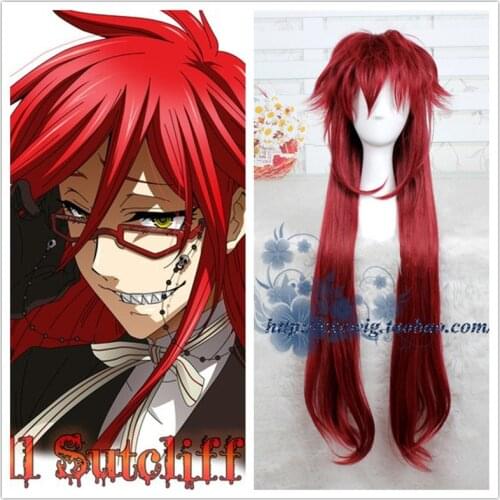 New Fashion Styled Black Butler Kuroshitsuji Cosplay Grell Sutcliff Red 90cm Long Cosplay Wig + Wig Cap Halloween