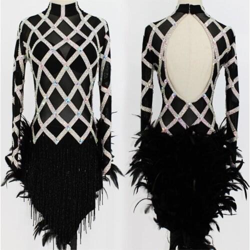 Latin Dance Dress Adult Dance Competition Costume Long Sleeved Dress Black Feather Performing Tassel Skirt Customize Size 4514