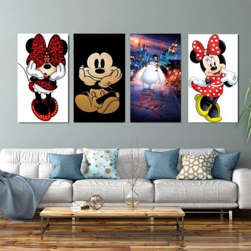 Catoon Mickey & Minnie Anime Posters Disney Big White Watercolor Canvas Painting Prints Wall Art Picture for Kid Home Room Decor