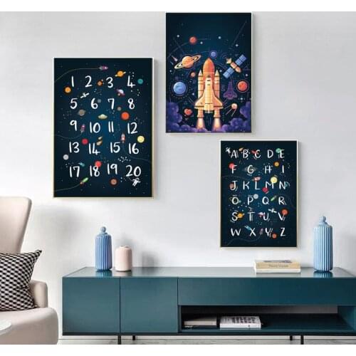 Space Wall Art Kids Alphabet Print Quotes Posters Canvas Painting Boys Nursery Room Decoration Pictures Wall Decor Unframed