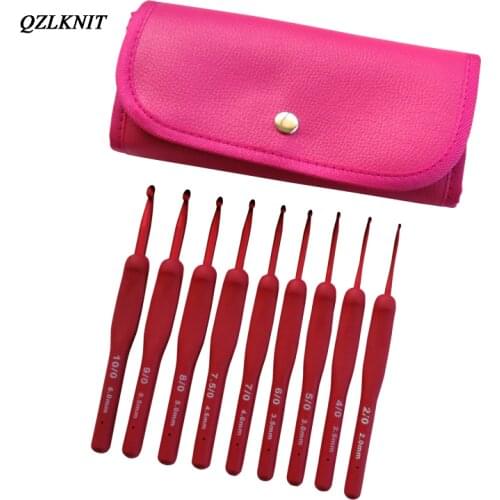 QZLKNIT 9pcs/set Red TPR Soft Rubber Handle Frosted aluminum hook head 2.0-6.0mm DIY Crochet medium roving Sewing Tools kit