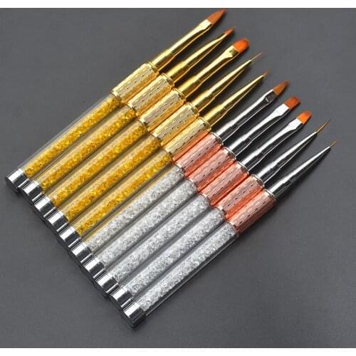 Rose Gold Crystal Metal Nail Brushes Acrylic UV Gel Polish Builder Flat Painting Drawing Liner Pens Fin Nail Tips Tool Manicure