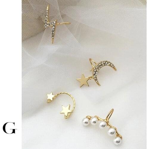 GHIDBK Minimalist Cublc Zirconia Lightning Bolt Cartilage Earrings Moon and Star CZ Ear Cuffs Simple Pearls Clips on Earring