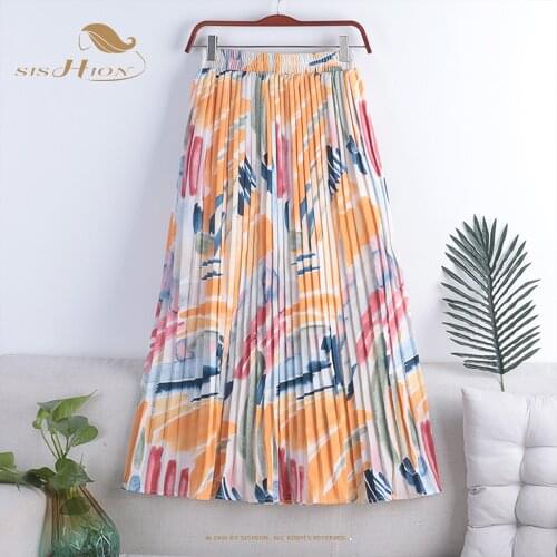 SISHION 2021 Beach Long Boho Maxi Skirt VD1817 High Waist Women Summer Print Chiffon Pleated Skirt
