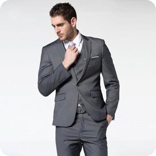 Dark Gray Business Men Suits Wedding Groom Wear Tuxedos 3 Pieces (Jacket+Pants+Vest) Bridegroom Suits Prom Blazer