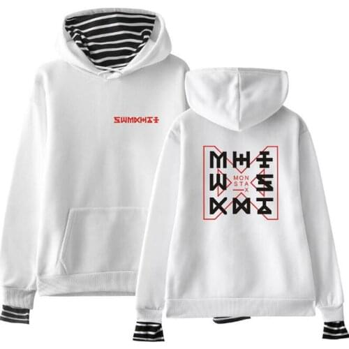 KPOP Monsta X Oversized Hoodie Women Men Striped Patchwork Fake Two Pieces Sweatshirt Female Harajuku Hip Hop Pullover Clothes