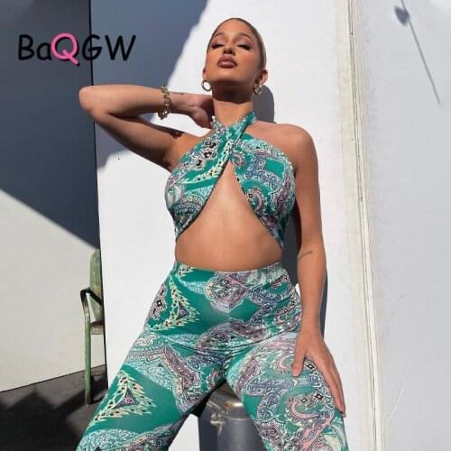 Streetwear Cross Halter Top New Leisure Flared Pants Tie Dye Print Lace Up High Waist Slim One Piece Rompers Sleevless Jumpsuit
