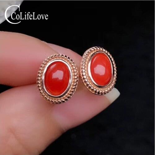 CoLife Jewelry Red Coral Stud Earrings for Daily Wear 5*7mm Natural Italian Red Coral Earrings 925 Silver Precious Coral Jewelry