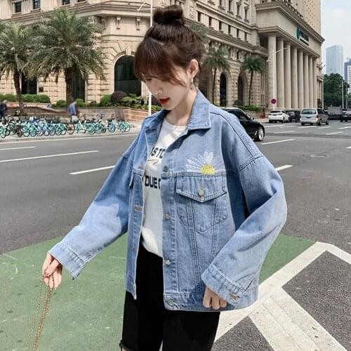 Autumn denim jacket female 2020 new embroidery slingle breasted loose spring coat female black casual coat mujer