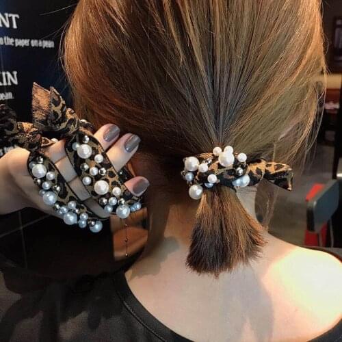 Fashion handmade bead Pearl leopard print KNOT Women ring Elastic Hair Band Women Girls Headbands Rubber Rope Headdress headwear