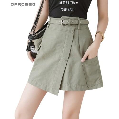 Army Green High Waist Streetwear Women A-Line Skirt Belt 2020 Summer Casual Safari Style Cargo Short Skirts Female Korean Saia