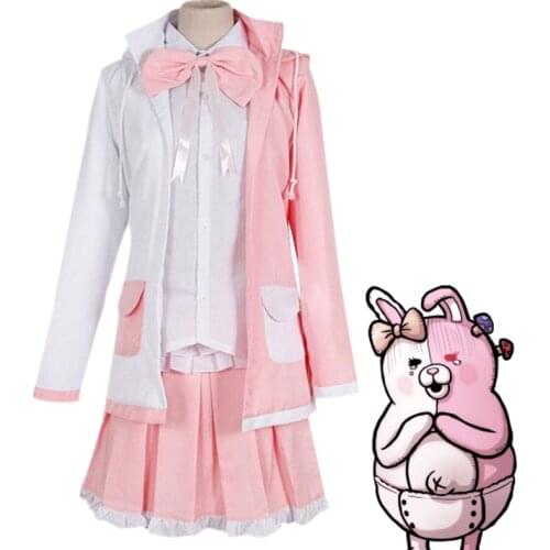 Super Danganronpa 2 Monomi Cosplay Costume Pink White Rabbit Coat Shirt Skirt Uniform Suits Wig For Women Girl Clothes Halloween