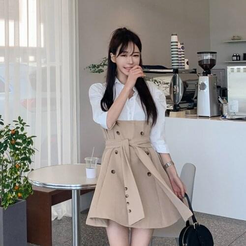 2021 New Summer Womens Dresses Arrival Shirt Dress 3/4 Sleeve Double-Breasted Belt Patchwork Casual Dresses Women