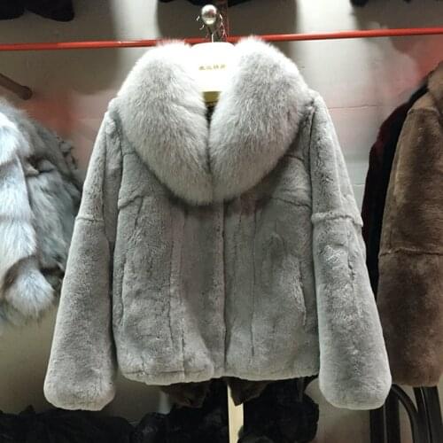 Natural whole skin Rex rabbit fur coat short style jacket large fox fur collar overcoat 2019 womens winter outerwear coats