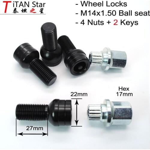 4 nuts + 2 keys M14x1.50mm Anti-theft screws For Skoda Octavia Fabia Superb