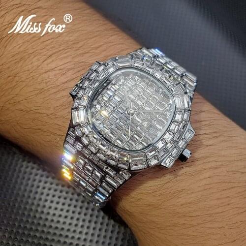 MISSFOX Luxury Punk Style Mens Watches Silver Diamond Quartz Wristwatch Hip Hop Iced Out Jewelry Clock Patek Relógio masculino