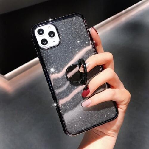 Glitter Powder Diamond Phone Case For iPhone 12 11Pro Max X XS Max Xr 8 7 6S 6Plus Soft Silicone Finger Ring Holder Back Cover