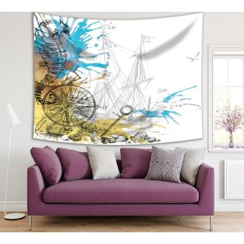 Tapestry Ship Shell Sea Animals Seahorse SeaGulls Birds Marine Fauna Vintage Style Watercolor Art