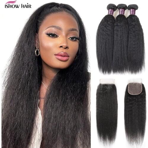Ishow Kinky Straight Bundles with Closure Yaki Straight Human Hair Bundles with Closure Brazilian Hair Weave Bundles Non-Remy