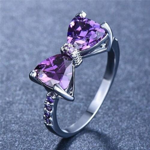 Personality Fashion Purple CZ Zircon Stone Bowknot Ring For Women Cute Crystal Wedding Engagement Bow Knot Rings Jewelry Gift