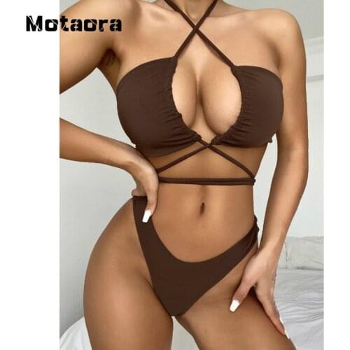 Motaora New Swimsuit Women High Waist Bathing Suit Sexy Halter Mini Thong Bikini Set Drawstring Bandage String Swimwear Female