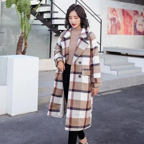 2021 Fashion Autumn And Winter Loose Lapel Plaid Long-sleeved Coat Free Shipping Trench Real Shot